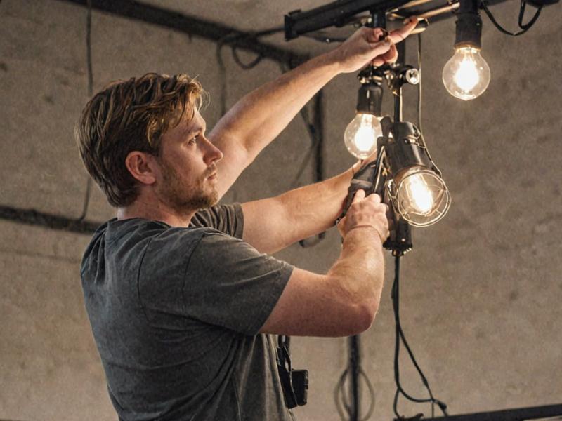 Professional lighting technician installing fixtures